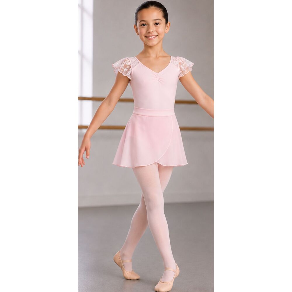 Capezio Ballet / Dance Pink Floral Lace Cap Sleeve Leotard + Skirt Set – Size La